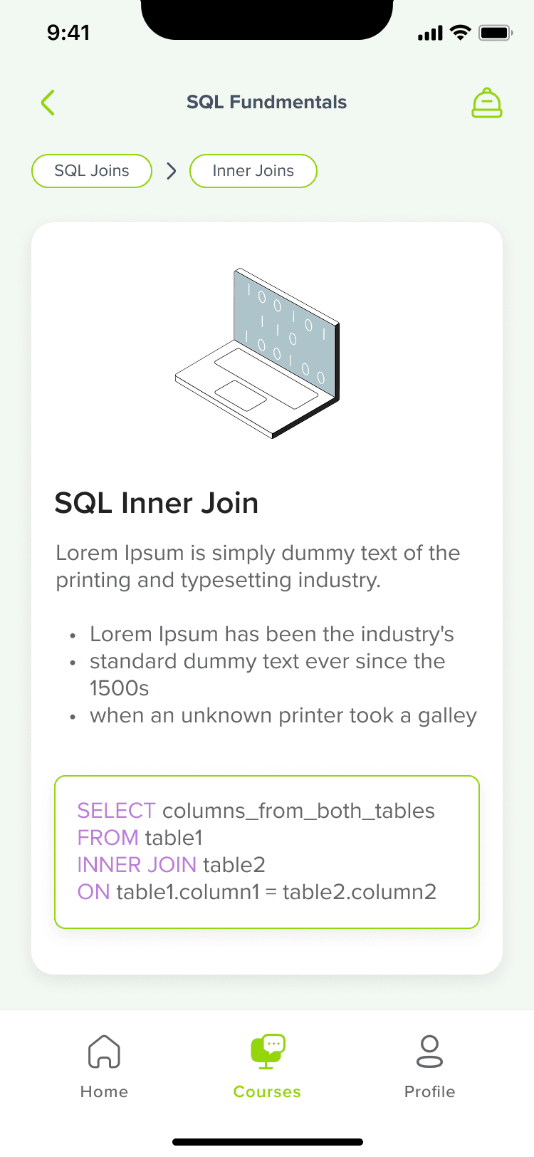 Breadcrumb, illustration, plain-language explanation, and a code sample for the lesson.