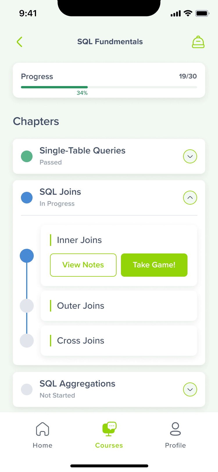 Course title, progress, chapter list with status, expanded chapter showing lessons with View Notes and Take Game CTAs.