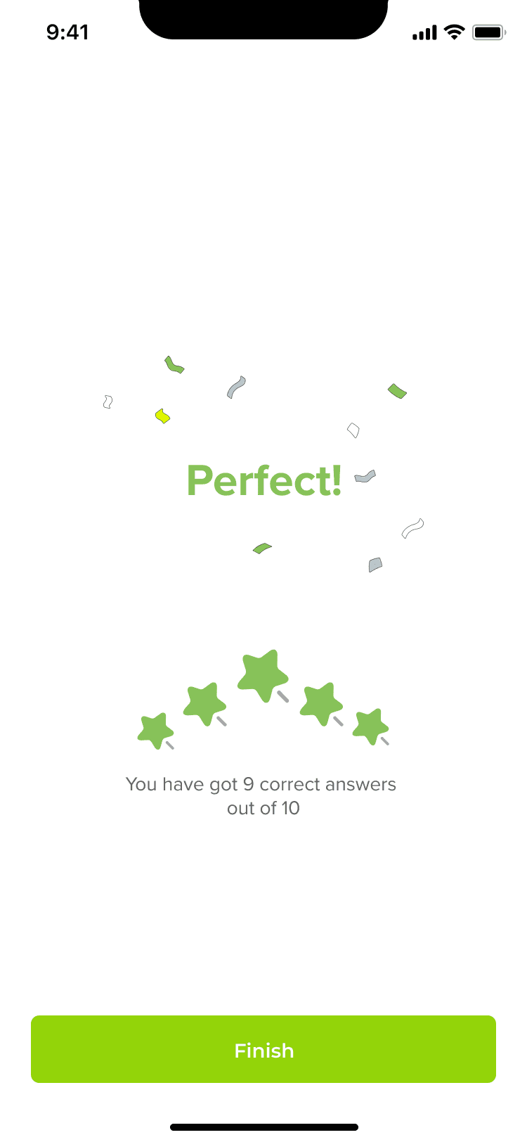 Confetti celebration with a star rating, correct-answer count, and a Finish CTA.