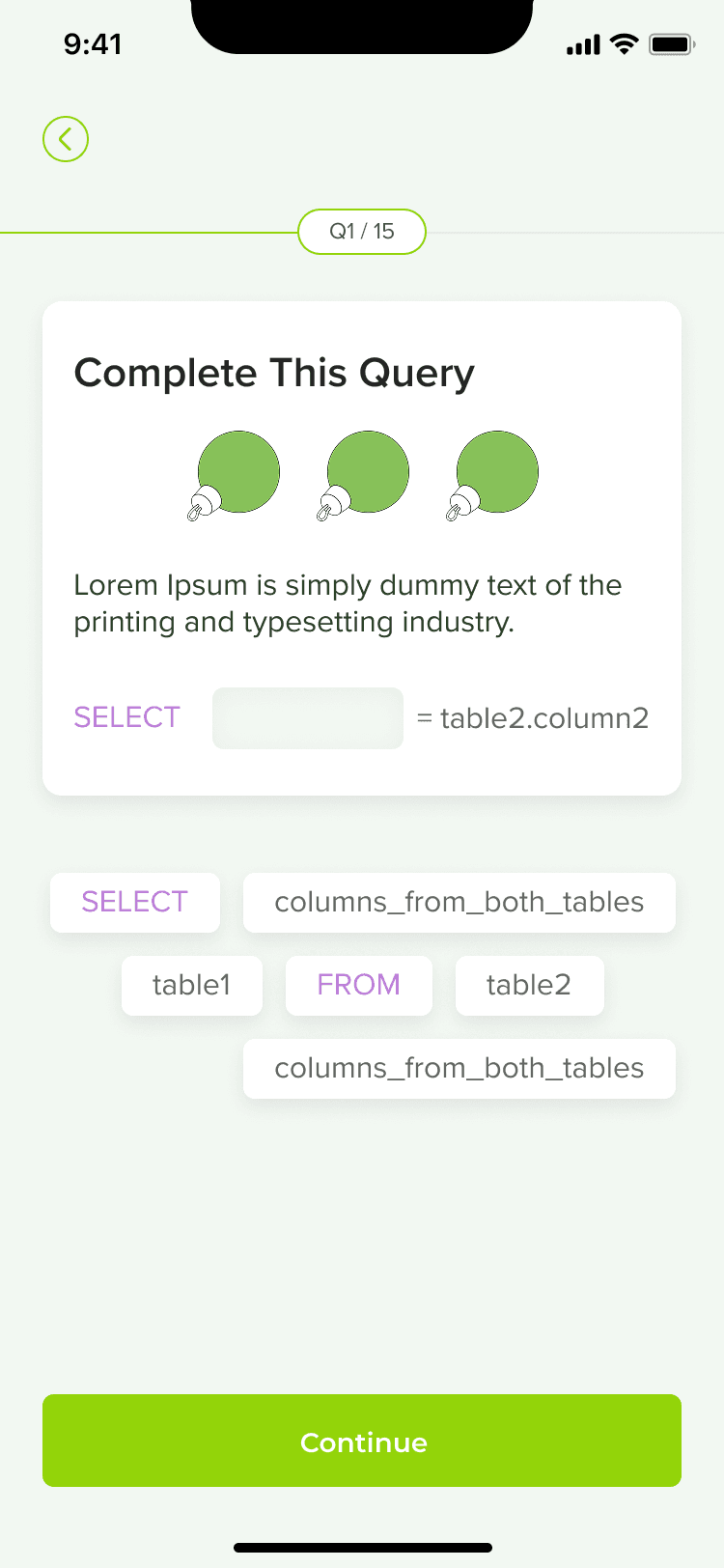 Drag-and-drop tokens to complete a SQL query. Question count badge anchors the top.
