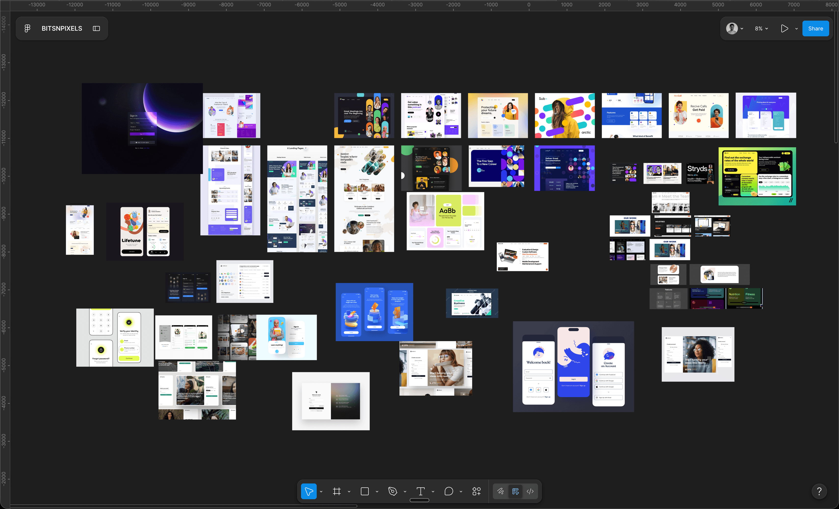 Mobile UI, landing pages, mascot work, and marketing surfaces, all on one Figma canvas.