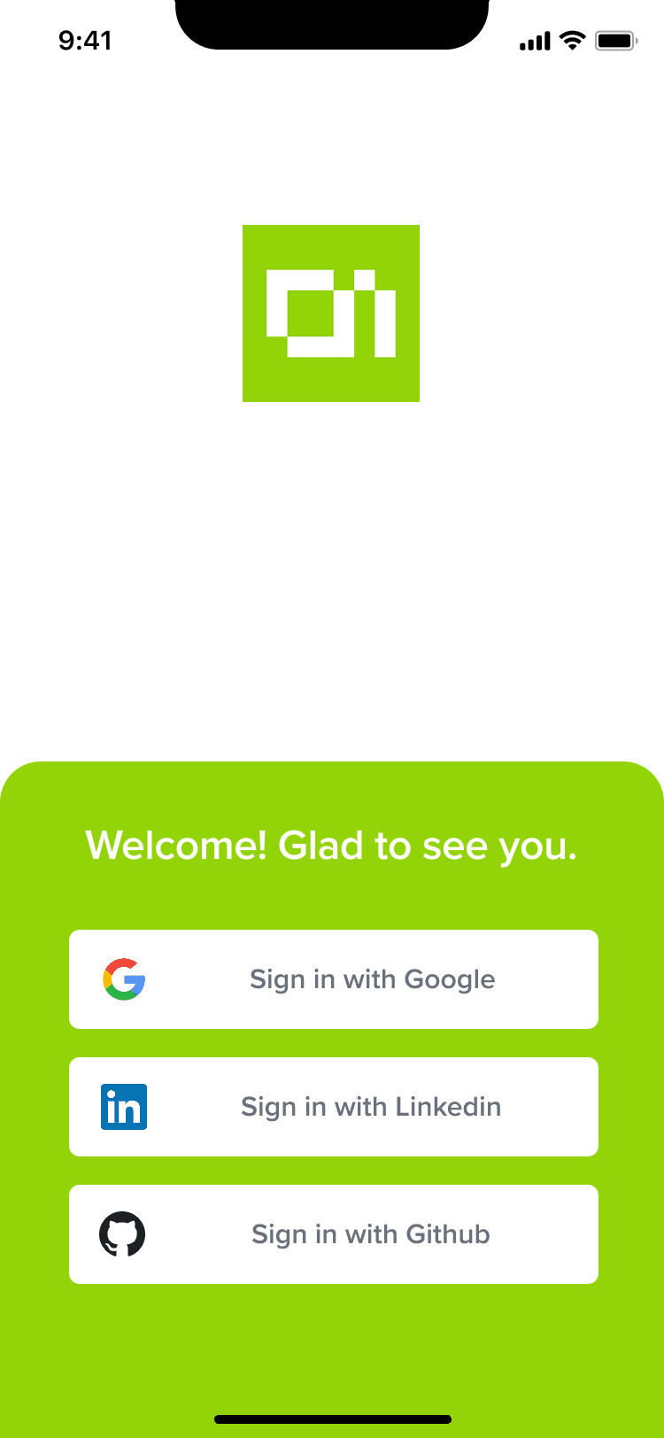 Logo lockup over a green hero with three social sign-in options.