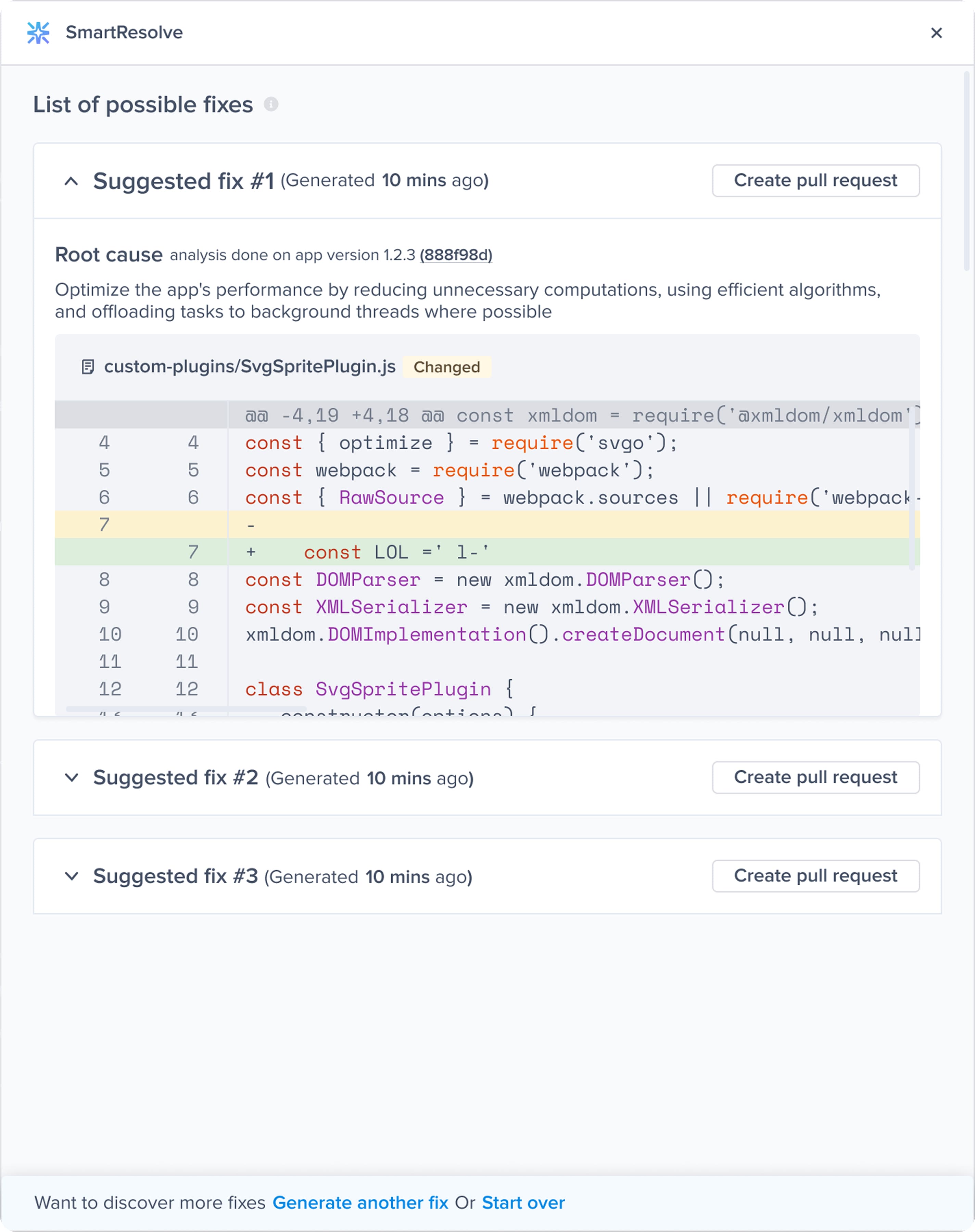 List of possible fixes with crash summary (Before)