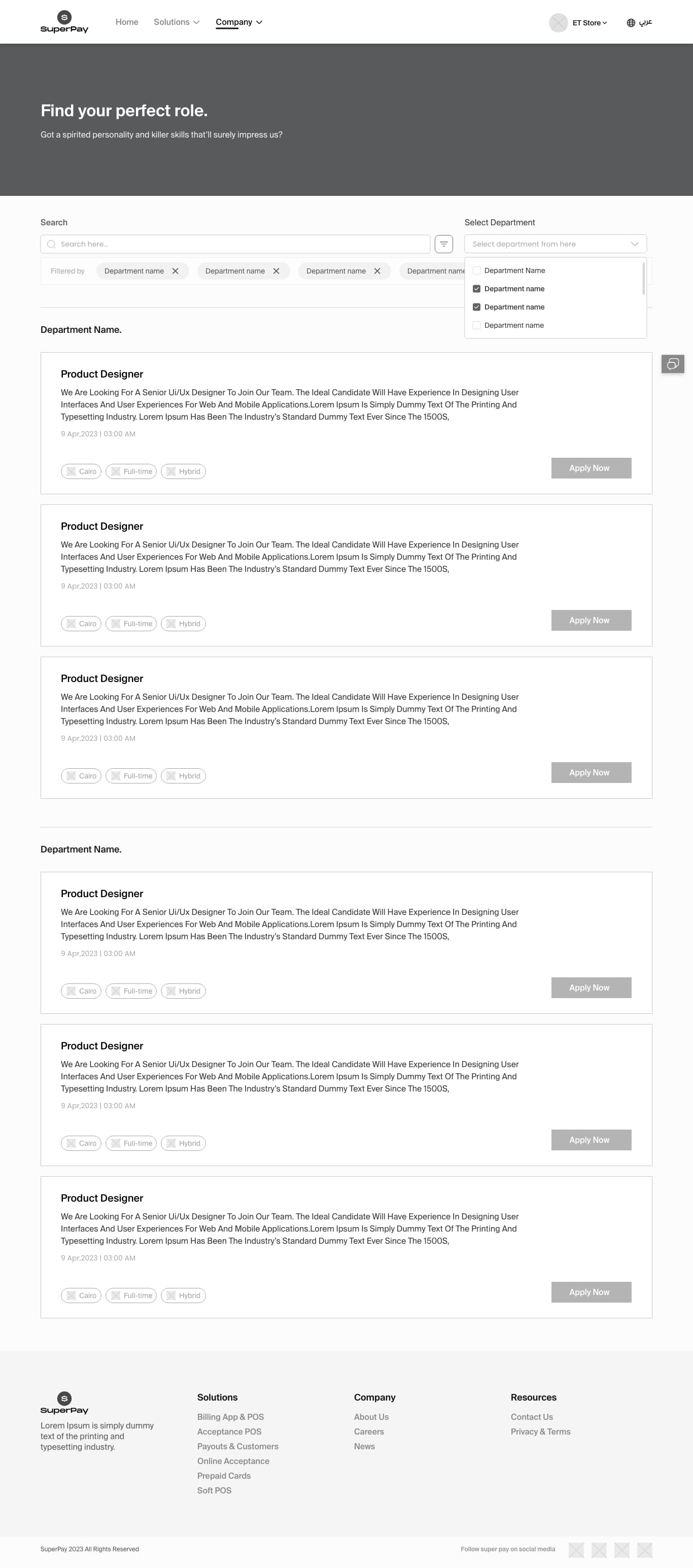 Hero, search and department filters, role cards grouped by department with apply CTAs.
