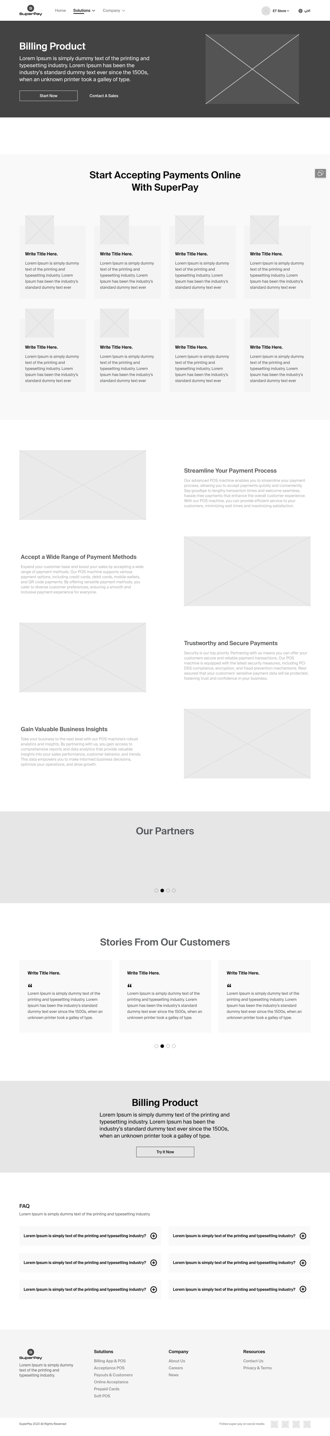 Product hero, feature grid, three feature stories with imagery, Partners, customer stories, CTA, FAQ.