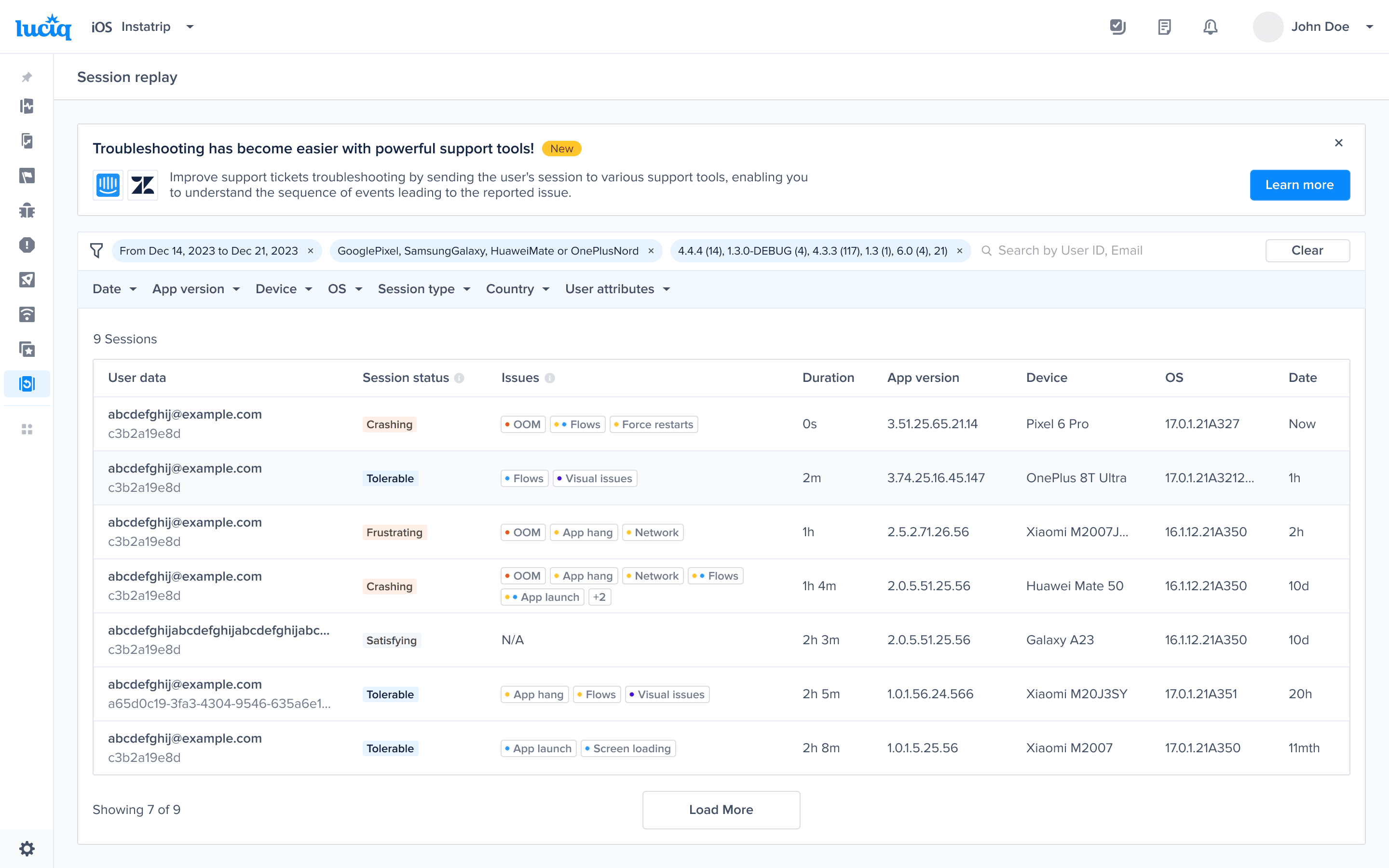 The redesigned Session Replay list with combined User Info column