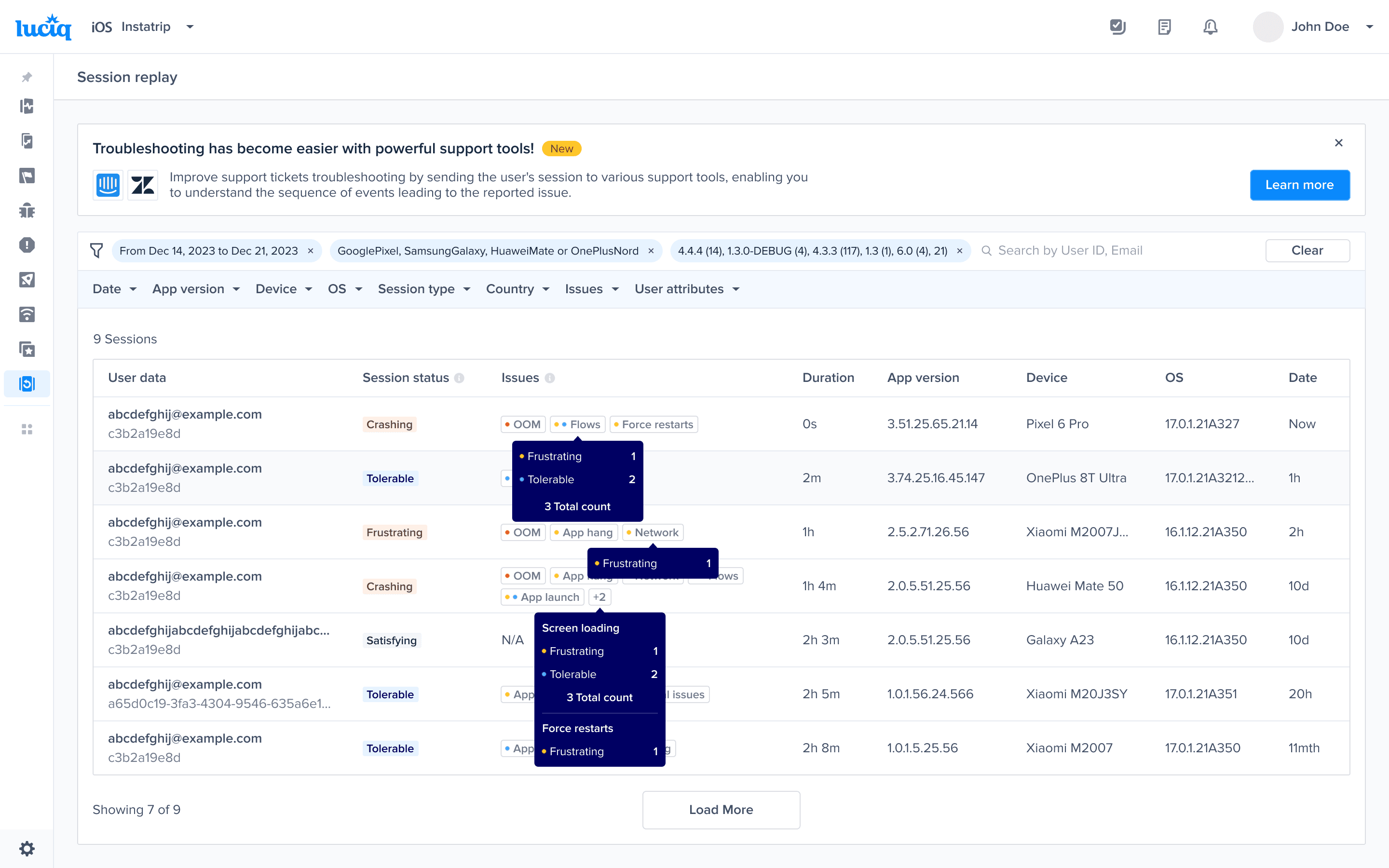 Per-issue severity breakdown on hover