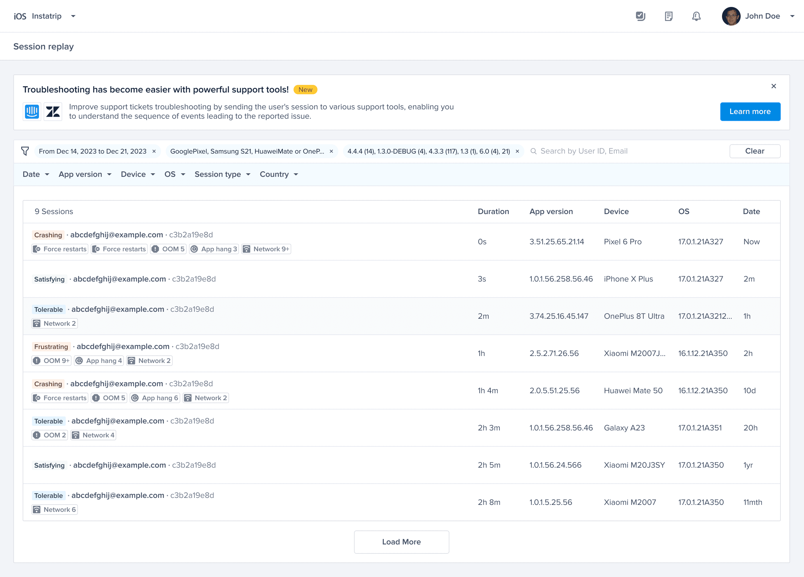 Original list view — ambiguous labels and badges